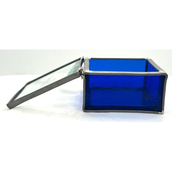 Stained Glass Trinket Box Cobalt Blue Mirrored Bottom Etched Stage Coach Hinged‎ - Picture 6 of 16